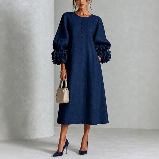 Damen Midikleid aus Leinen mit Ballonärmeln und 3D-Blütenmanschetten Nord Taschen