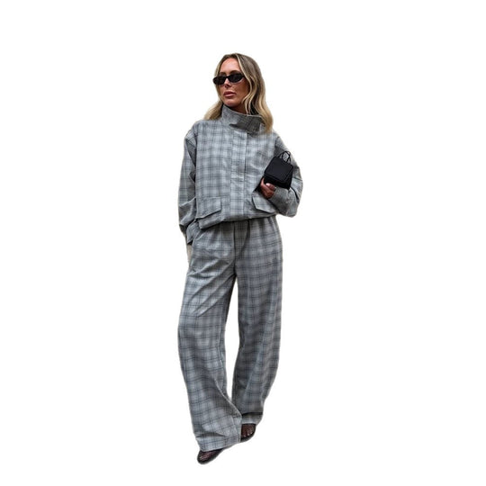 Damen Oversize Karo-Zweiteiler aus Tailormix mit Stehkragen Nord Taschen