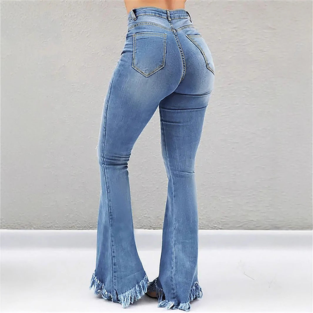 Damen High-Waist Flared-Jeans mit sculptendem Schnitt, Destroyed-Kniepartien und fransigem Volant-Saum Nord Taschen