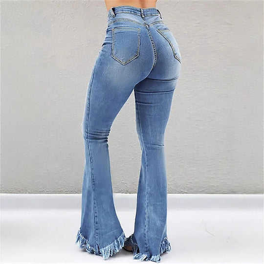 Damen High-Waist Flared-Jeans mit sculptendem Schnitt, Destroyed-Kniepartien und fransigem Volant-Saum Nord Taschen