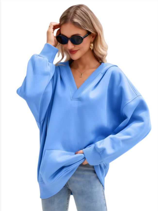 Damen Oversize V-Ausschnitt Hoodie mit Kapuze, Kängurutasche und verlängertem Saum Nord Taschen