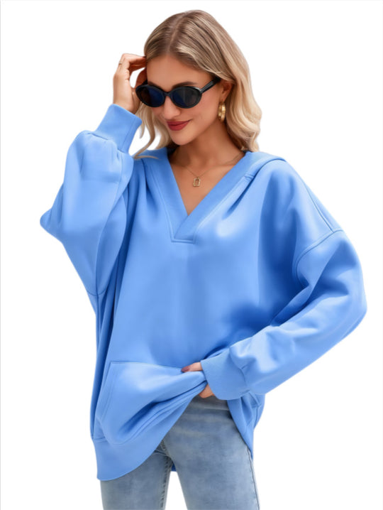 Damen Oversize V-Ausschnitt Hoodie mit Kapuze, Kängurutasche und verlängertem Saum Nord Taschen