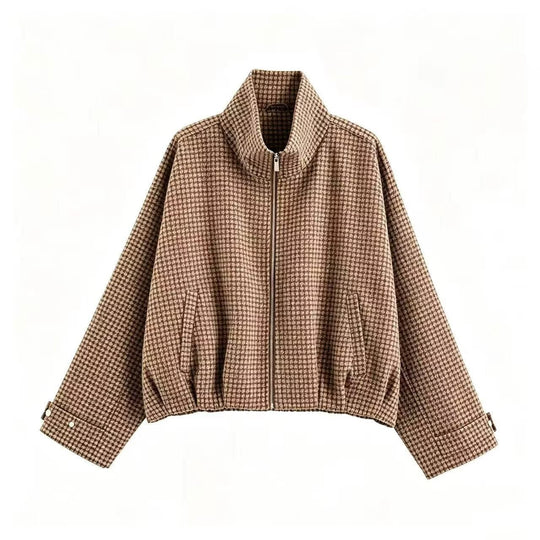 Damen Cropped Übergangsjacke mit hohem Funnelkragen, Karomuster und elastischem Saum Nord Taschen