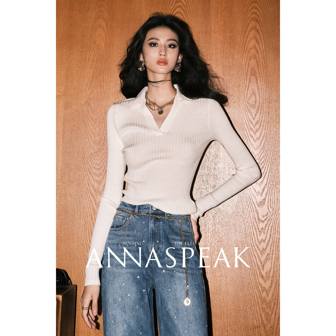 Damen figurnaher gerippter Feinstrickpullover mit V‑Ausschnitt und Polokragen Nord Taschen