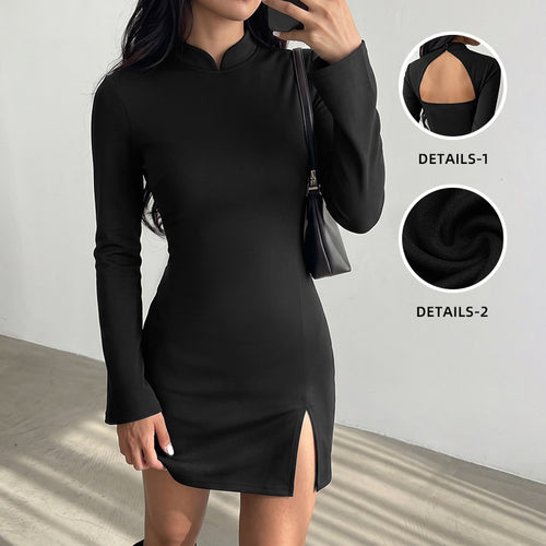 Damen Elegantes Kleid mit Stehkragen und langem Arm Nord Taschen