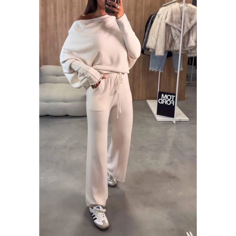 Damen Strick-Loungewear-Set mit Oversize-Schulter, weitem Bein und Kordelzug Nord Taschen