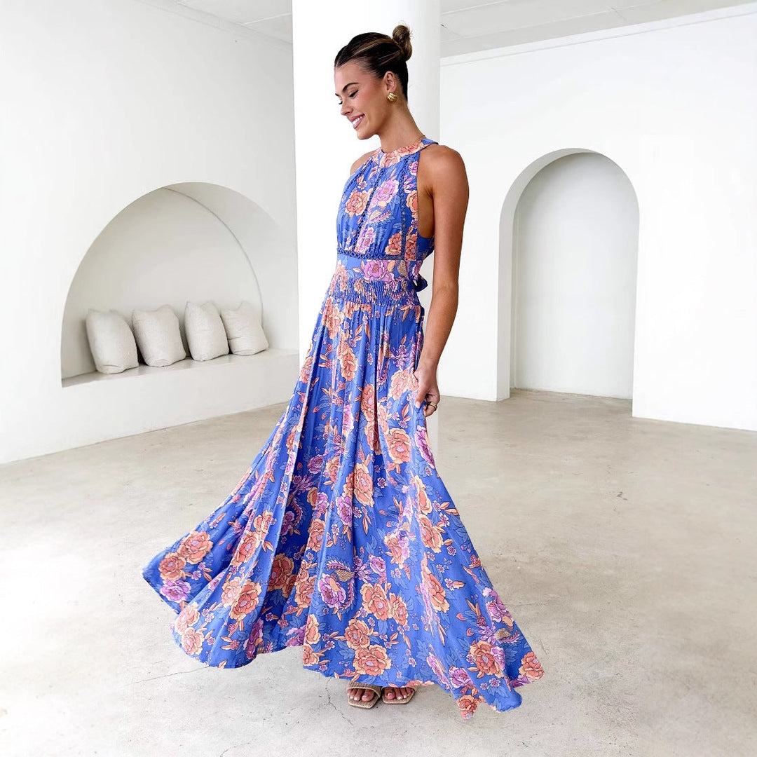 Damen Maxikleid mit elegantem floralem Design und schwingendem Rock