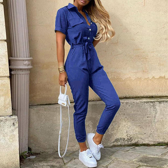 Damen Kurzarm-Utility-Overall mit Taillenbindegürtel und schmalem Joggerbein Nord Taschen