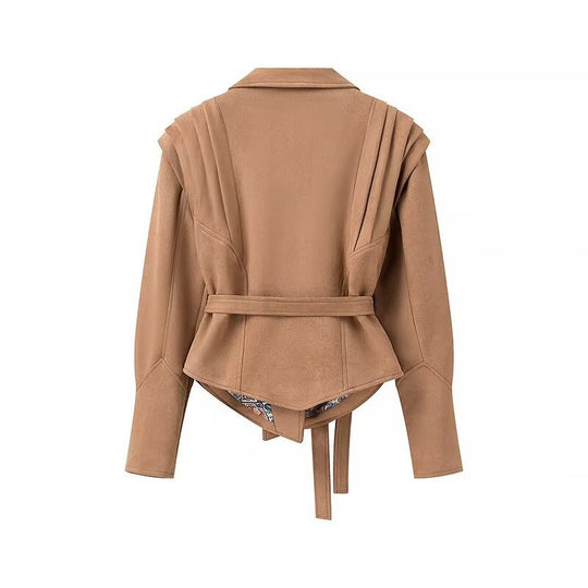 Damen Wildleder‑Wickeljacke mit Taillengürtel und strukturierten Schulterdetails Nord Taschen