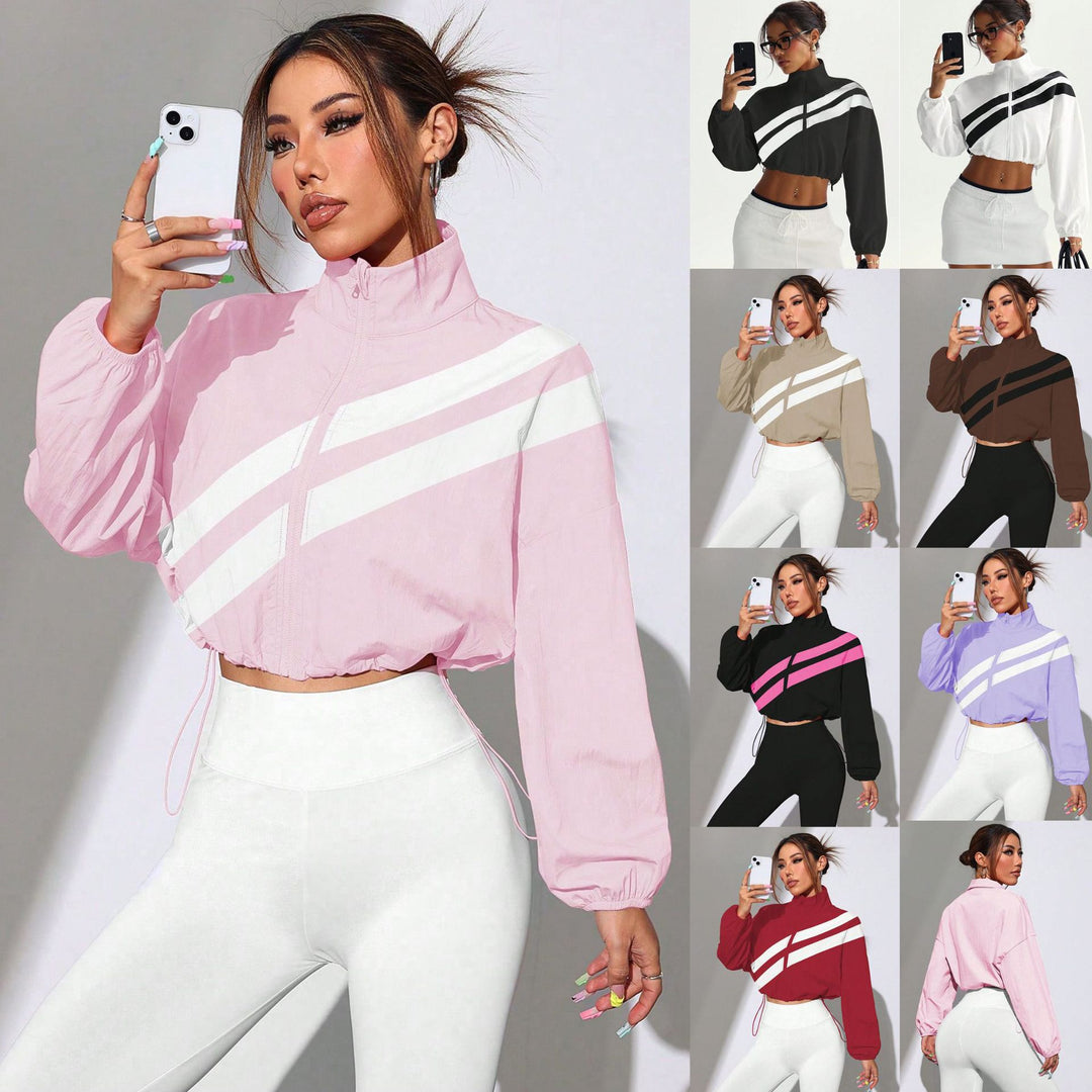 Damen Cropped Windbreaker mit Stehkragen, Reißverschluss und Kordelzugtaillierung Nord Taschen