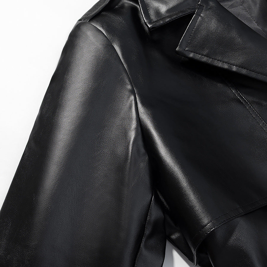 Damen Langer Kunstleder-Trenchcoat mit Taillengürtel und Epauletten Nord Taschen