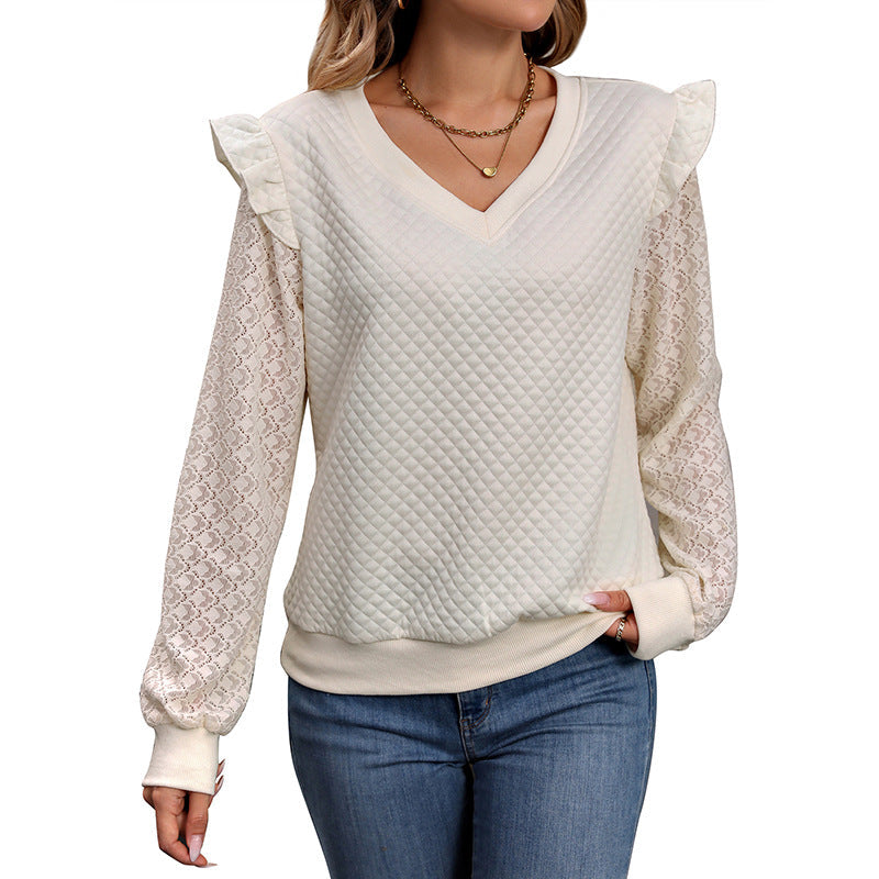 Damen Gesteppter V-Ausschnitt-Sweatpullover mit Volant-Schulter und Spitzenärmeln Nord Taschen