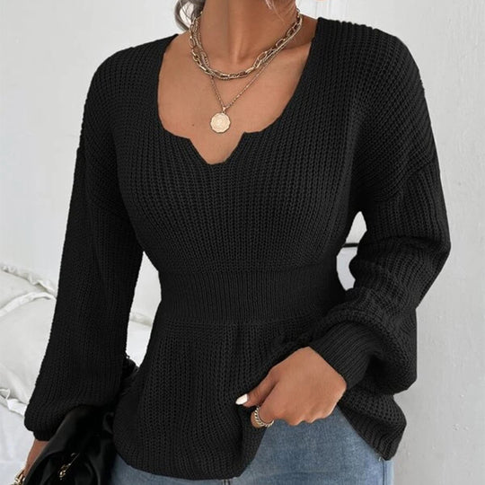Damen Taillierter Feinstrickpullover mit eingekerbtem V-Ausschnitt, taillenbetonter Rippzone und Ballonärmeln Nord Taschen