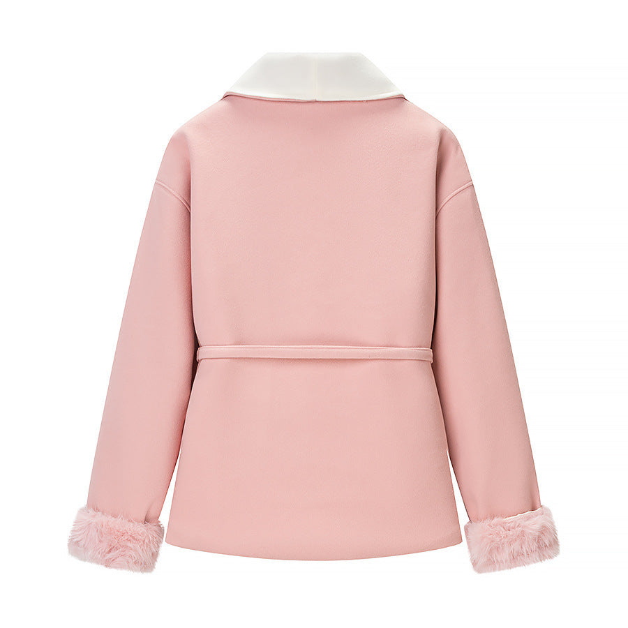Damen Kurzblazer‑Mantel mit Kimono‑Schalkragen, Taillengürtel und Kunstfell‑Bündchen Nord Taschen