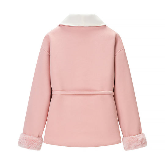 Damen Kurzblazer‑Mantel mit Kimono‑Schalkragen, Taillengürtel und Kunstfell‑Bündchen Nord Taschen