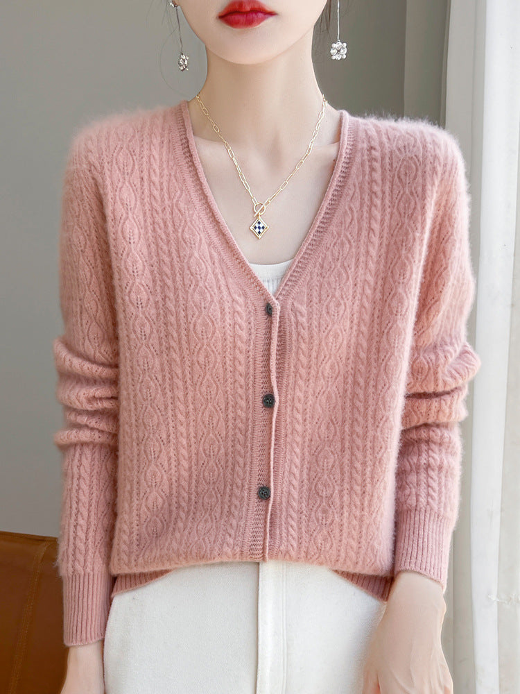 Damen Kurzer Zopfmuster-Cardigan im Mohair-Look mit V‑Ausschnitt und gerippten Bündchen Nord Taschen