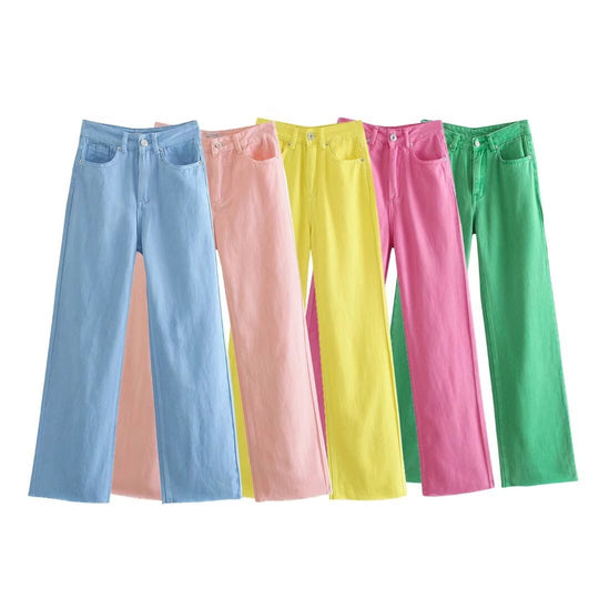 Damen Hochtaillierte weit geschnittene Jeans mit weitem Bein, hoher Taille und rohem Saum Nord Taschen