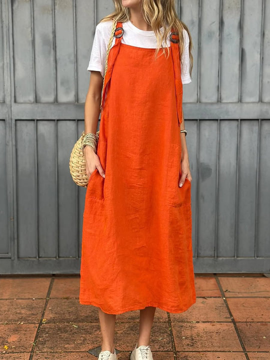 Damen Lässiges Leinen-Latzkleid mit praktischen Seitentaschen und verstellbaren Trägern Nord Taschen