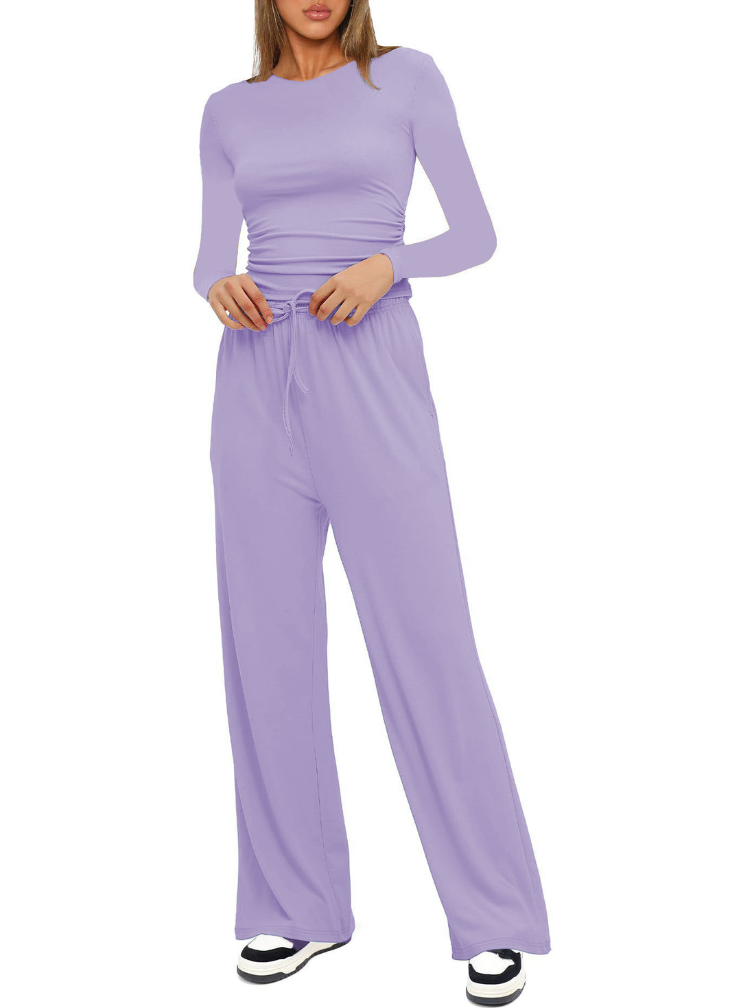 Damen Figurbetontes Longsleeve mit seitlicher Raffung und High-Waist Palazzo-Jogginghose Set Nord Taschen