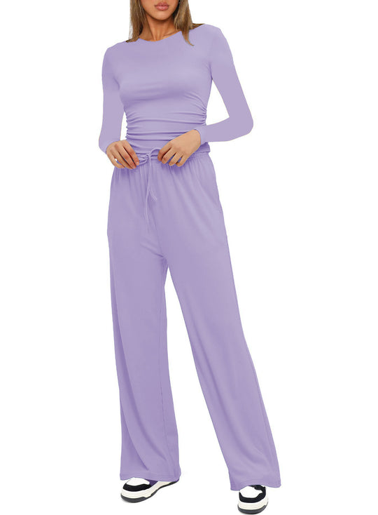 Damen Figurbetontes Longsleeve mit seitlicher Raffung und High-Waist Palazzo-Jogginghose Set Nord Taschen