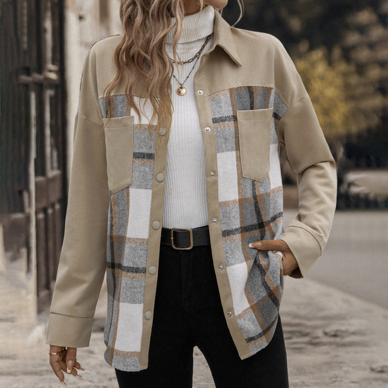 Damen Oversized Hemdjacke mit kariertem Frontpanel, Druckknopfverschluss und aufgesetzten Brusttaschen Nord Taschen