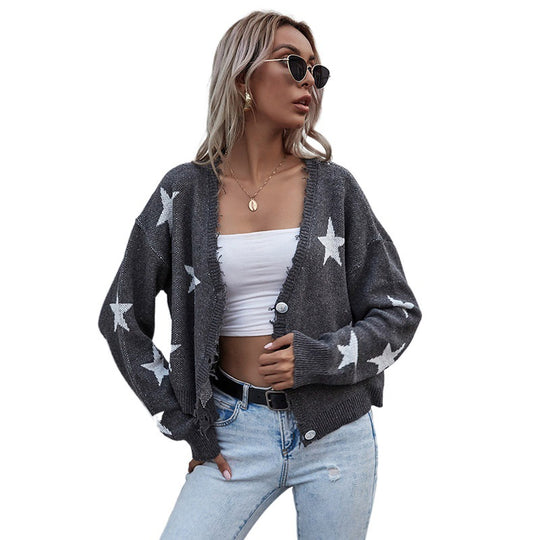 Damen Lässiger Cardigan mit Sternenprint und Knopfdetails Nord Taschen