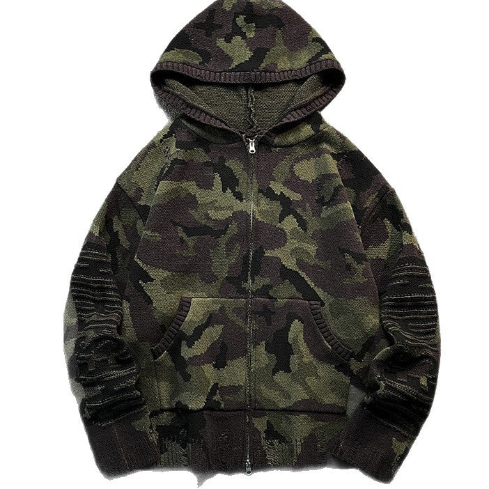 Herren Strick-Kapuzenjacke im Camouflage-Look mit Reißverschluss und used-Details Nord Taschen