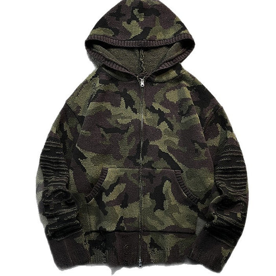 Herren Strick-Kapuzenjacke im Camouflage-Look mit Reißverschluss und used-Details Nord Taschen