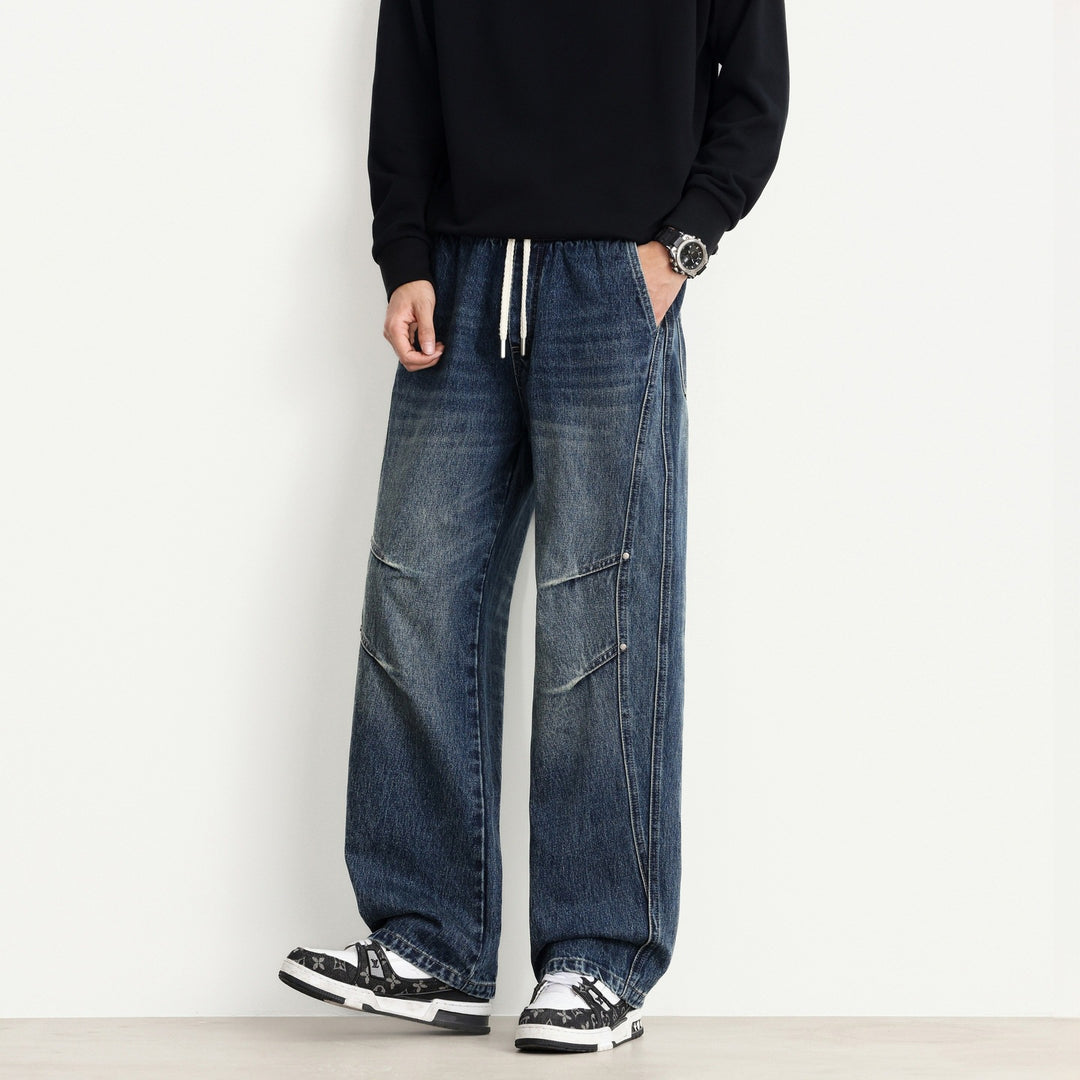 Herren Weite Denim-Hose mit Tunnelzugbund, Paneelnähten und Used-Waschung Nord Taschen