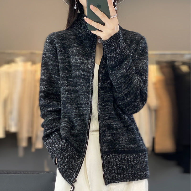 Damen Reißverschluss‑Strickjacke mit melierter Struktur und Stehkragen Nord Taschen