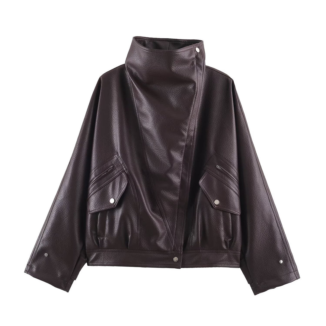 Damen Oversized Kunstleder-Capejacke mit hohem Stehkragen und Pattentaschen Nord Taschen