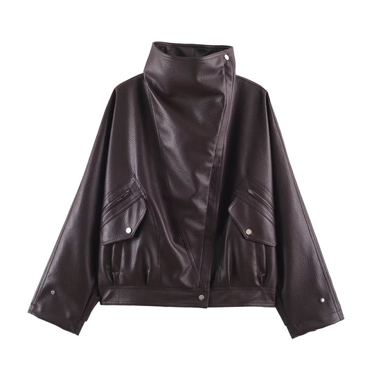 Damen Oversized Kunstleder-Capejacke mit hohem Stehkragen und Pattentaschen Nord Taschen