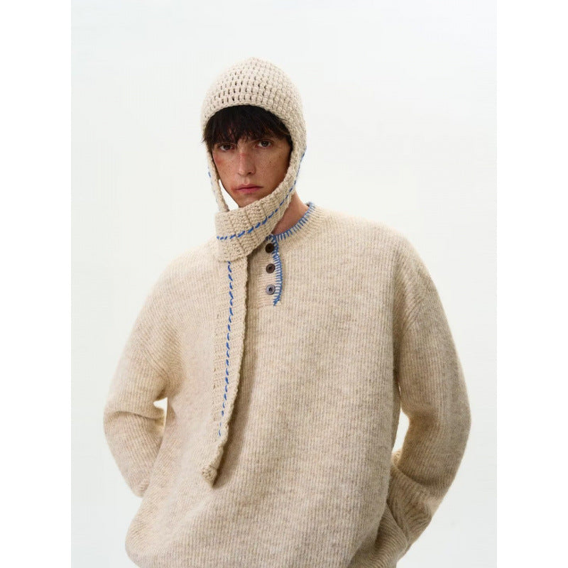 Herren Grobstrick-Henley-Pullover mit Bouclé-Optik und kontrastierten Bündchen Nord Taschen