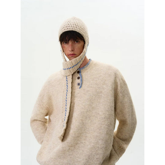 Herren Grobstrick-Henley-Pullover mit Bouclé-Optik und kontrastierten Bündchen Nord Taschen
