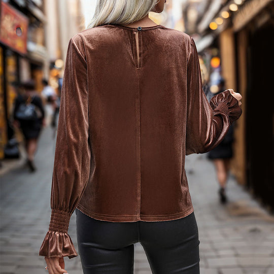 Damen Samtbluse mit Spitzen‑Yoke, gerafften Manschetten und elegantem Rundhalsausschnitt Nord Taschen