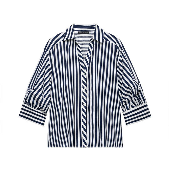 Damen Oversized Hemdbluse mit maritimem Nadelstreifen und dreiviertellangen Ballonärmeln Nord Taschen