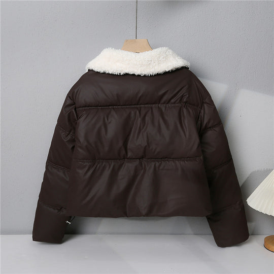 Damen nan kurze gesteppte Winterjacke mit Teddykragen, wattierter Isolierung und verdecktem Druckknopfverschluss Nord Taschen