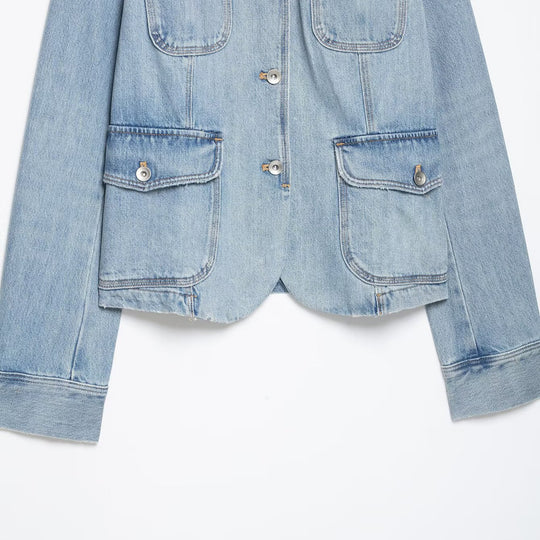 Damen Jeansfieldjacke mit Stehkragen, Schulterpatten und vier aufgesetzten Pattentaschen Nord Taschen