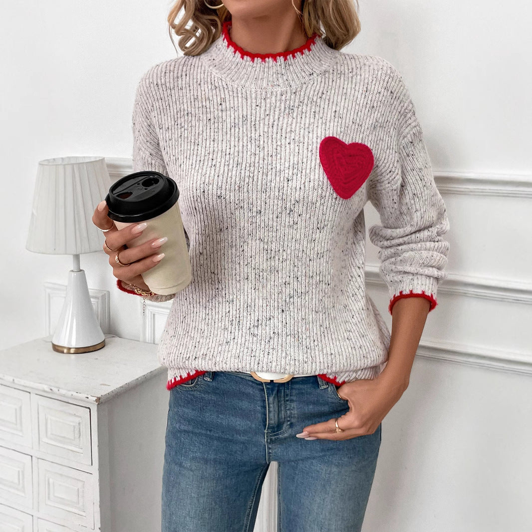 Damen Gerippter Feinstrick-Pullover mit Herz‑Applikation und kontrastierter Saumkante Nord Taschen