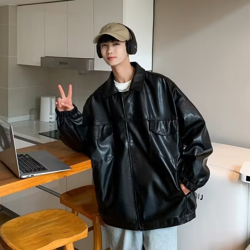 Herren Oversized PU-Leder-Shacket mit Pattentaschen und elastischen Bündchen Nord Taschen