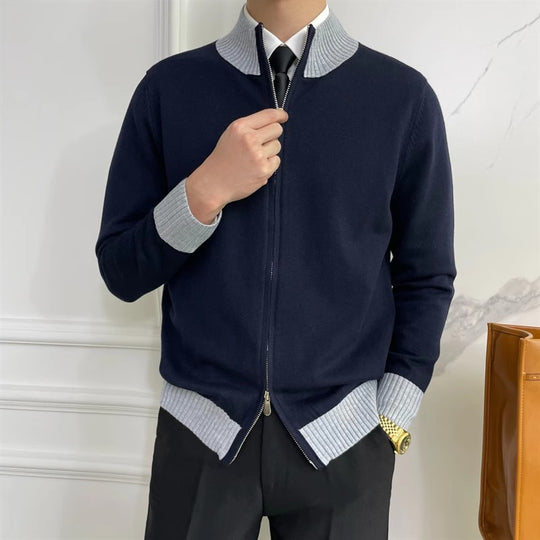 Herren Reißverschluss-Feinstrick-Cardigan mit Stehkragen und geripptem Saum Nord Taschen