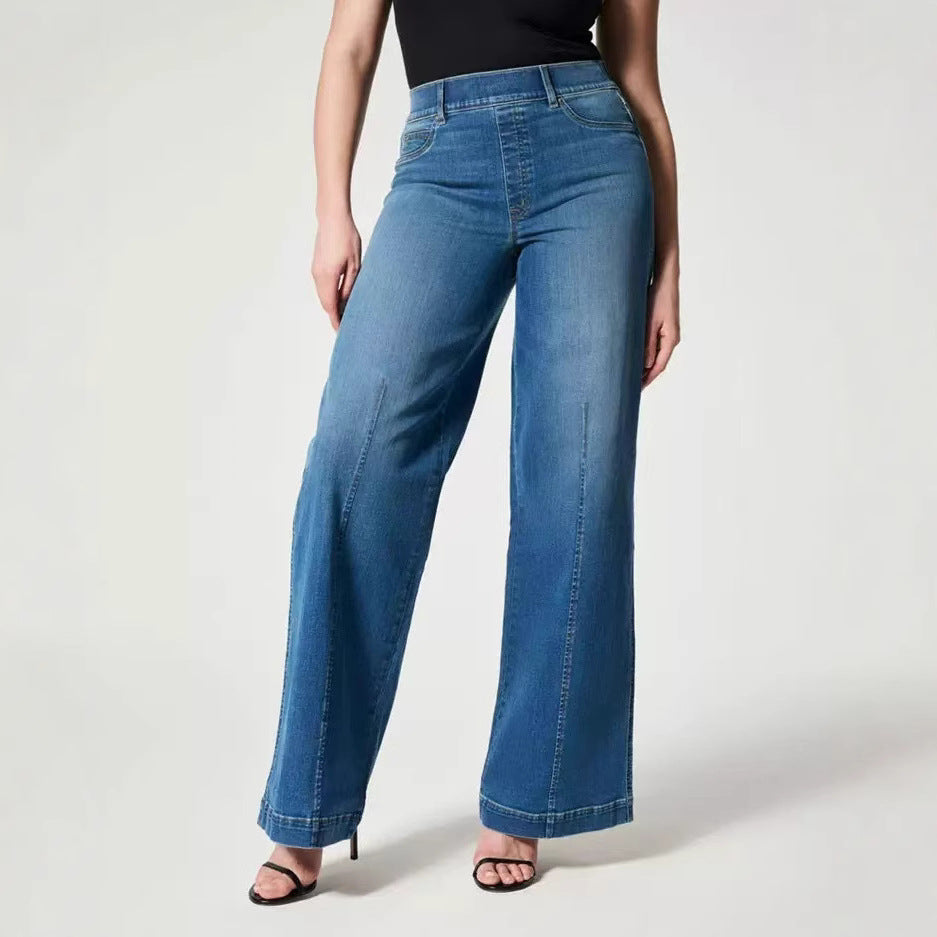 Damen Hochtaillierte Weitgeschnittene Jeanshose mit geradem Bein Nord Taschen