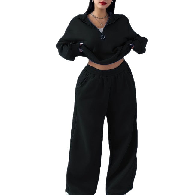 Damen Cropped Oversize-Sweatshirt mit halbem Reißverschluss und weite High-Waist Jogginghose Set Nord Taschen