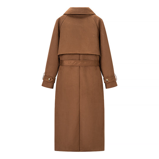 Damen Langer Doppelreihiger Mantel im Trenchcoat‑Stil mit Taillengürtel und Ärmelriegel Nord Taschen