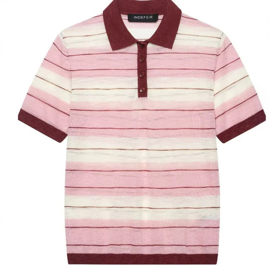 Damen Kurzärmeliges gestreiftes Strick‑Poloshirt mit Rippkragen und Knopfleiste Nord Taschen