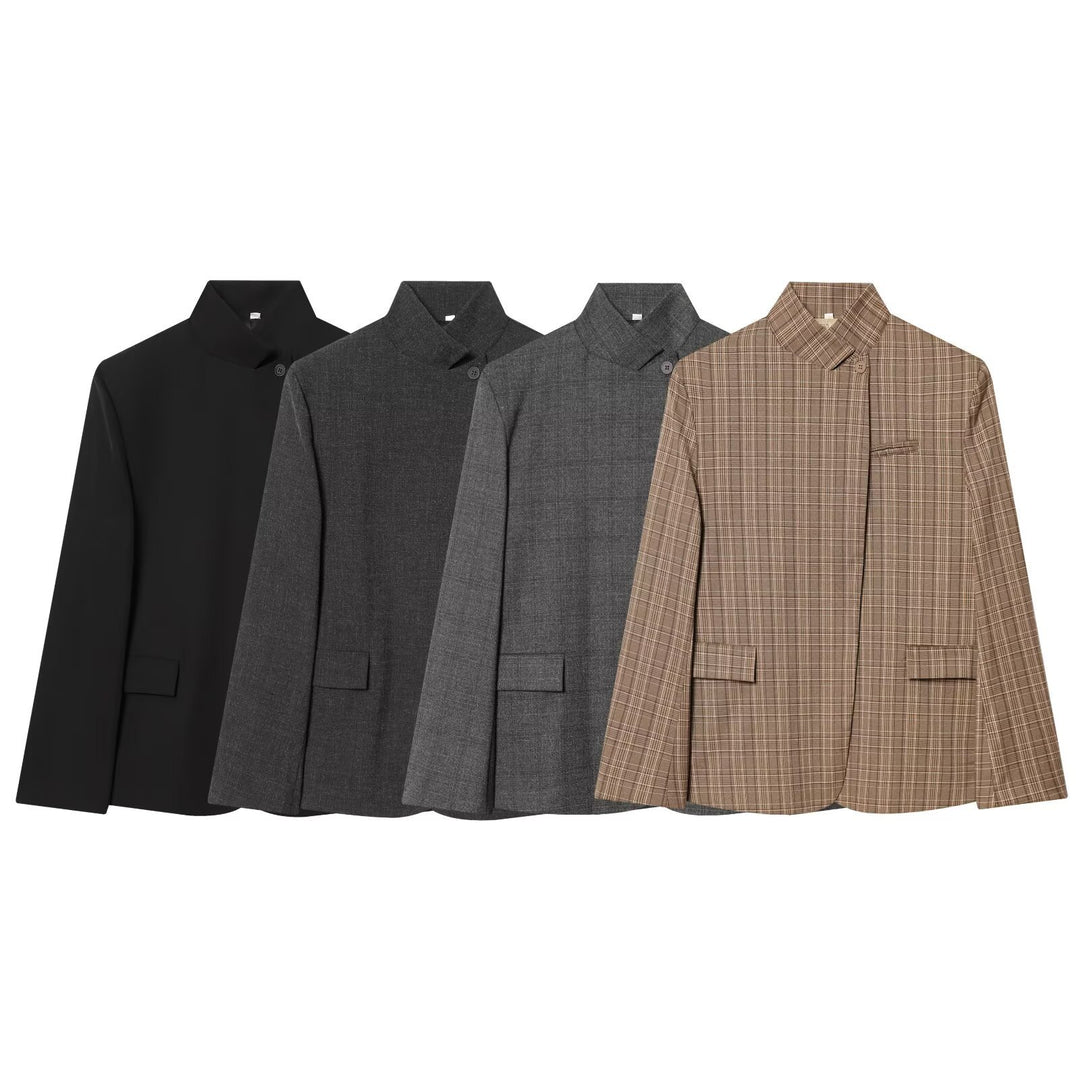 Damen Taillierter karierter Blazer mit Stehkragen und verdeckter Knopfleiste Nord Taschen