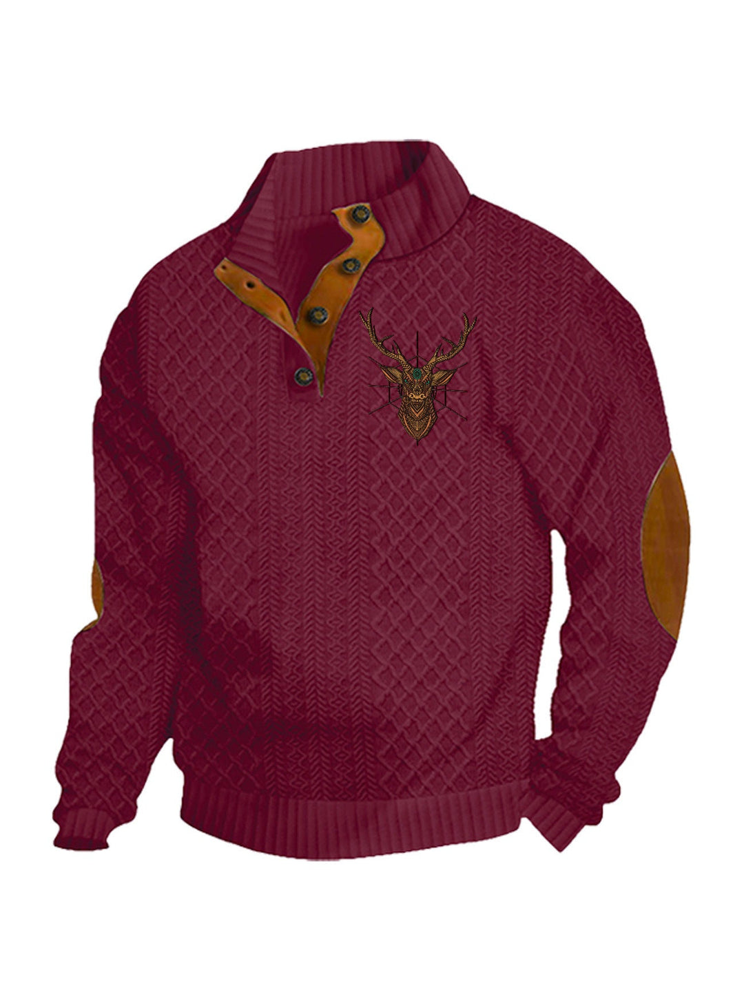 Herren nan Heritage-Strukturpullover mit Stehkragen Lederimitat-Besatz Ellenbogen-Patches und Halbknopfleiste