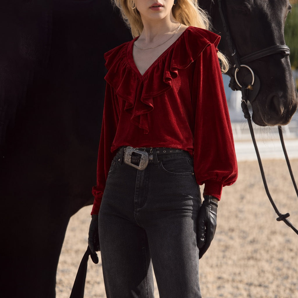 Damen schimmernde V-Neck Rüschenbluse mit Ballonärmeln und elastischen Bündchen Nord Taschen