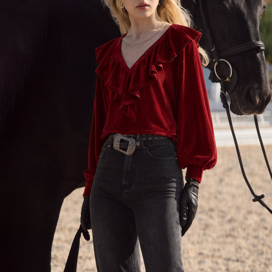 Damen schimmernde V-Neck Rüschenbluse mit Ballonärmeln und elastischen Bündchen Nord Taschen