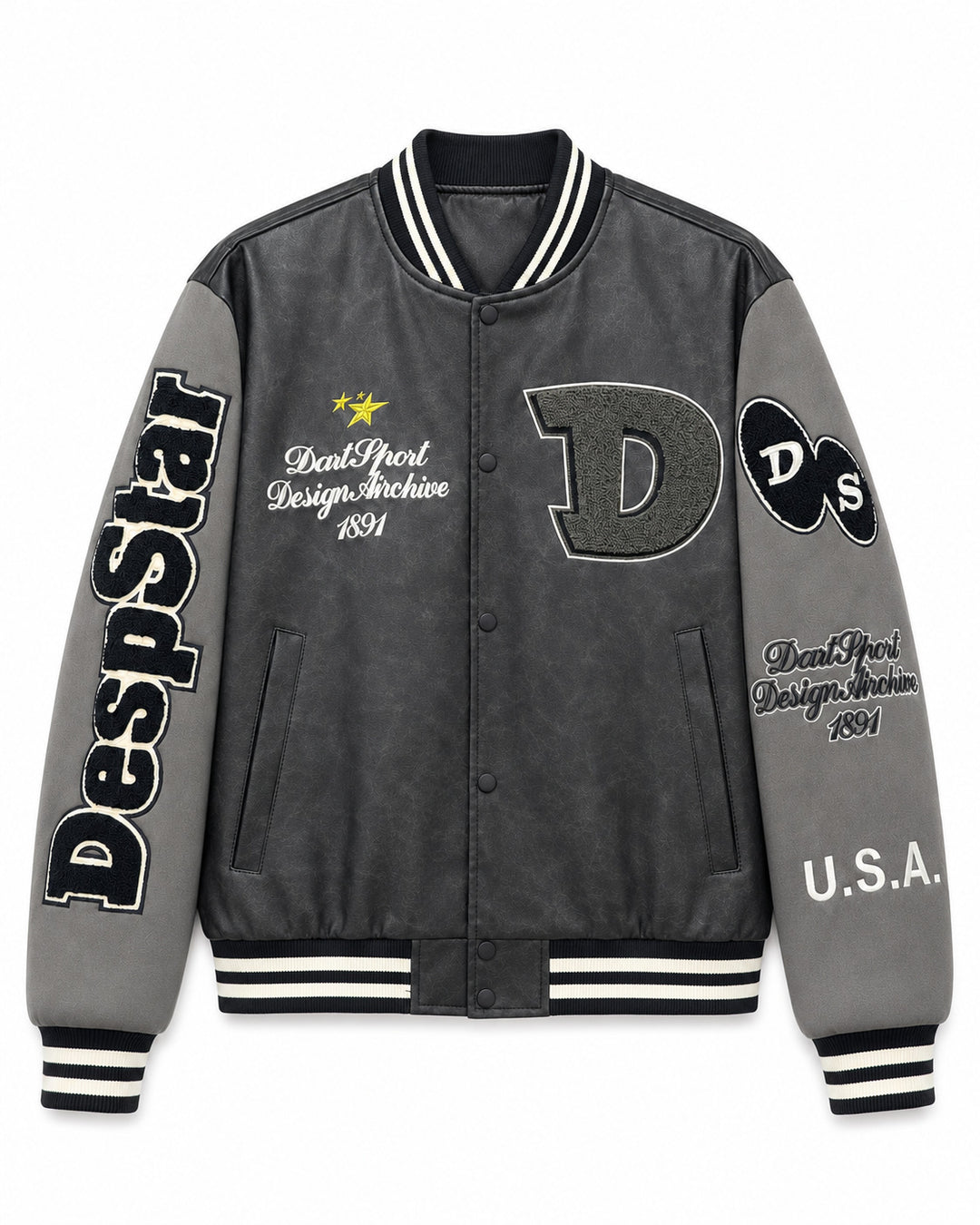 Herren Varsity-Bomberjacke im College-Stil aus Lederimitat mit Applikationen Nord Taschen